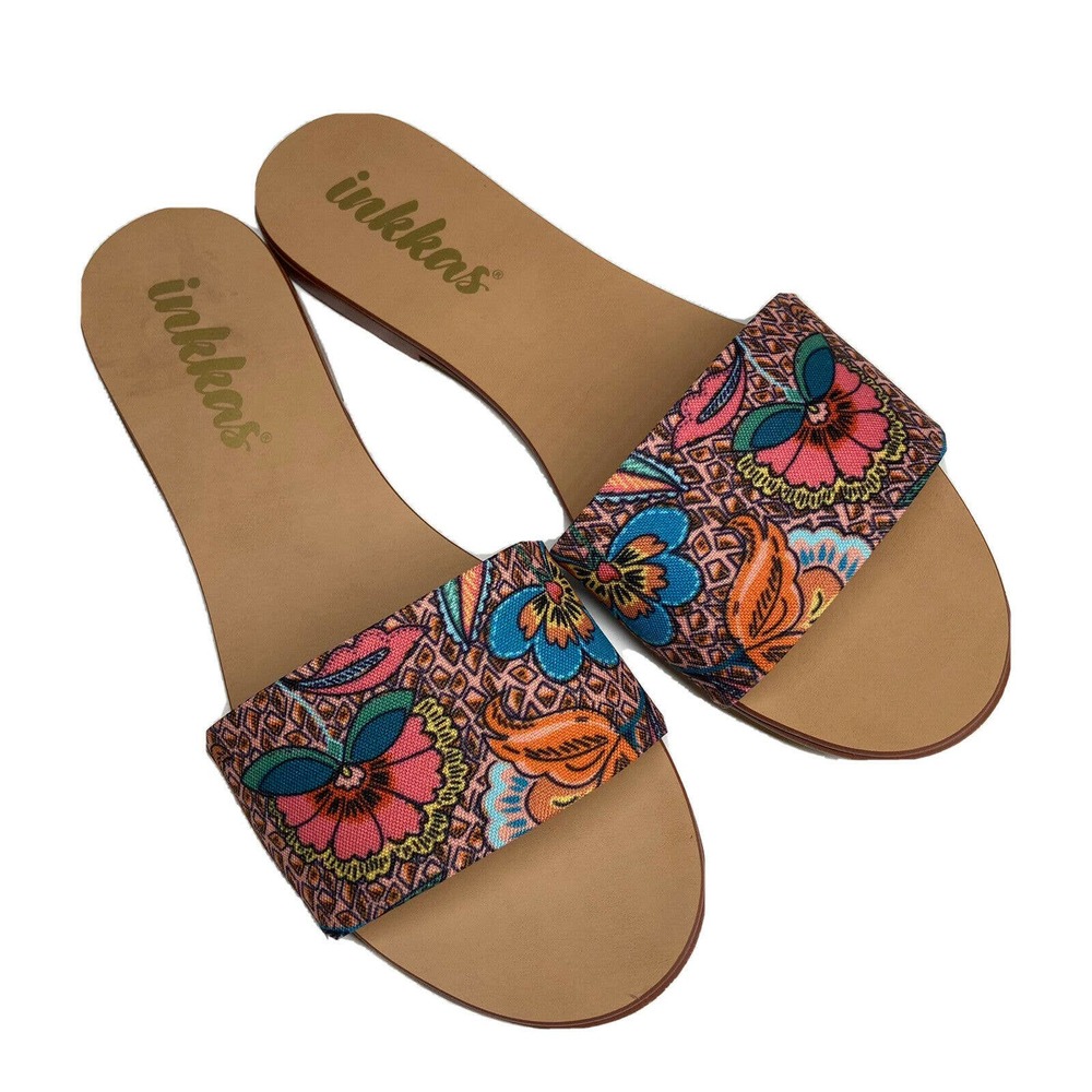 inkkas Floral Slide Sandals in Orange, Blue, Pink, Teal on Tan